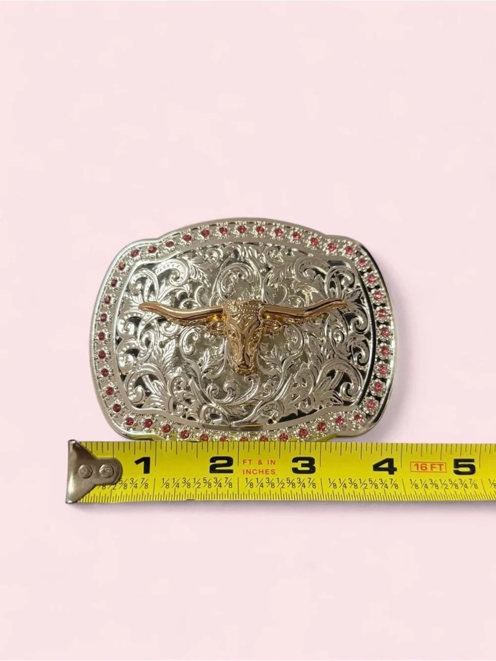 Silver and Gold Longhorn Western Belt Buckle with Pink Stones